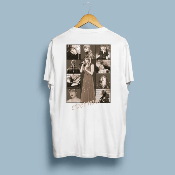 Costas de t-shirt branca com colagem sépia da Evermore Era e vestido terracota icónico