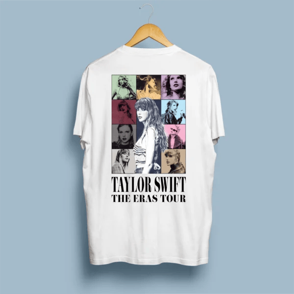 Costas de t-shirt branca com colagem multicolor de todas as Eras Tour de Taylor Swift em grelha