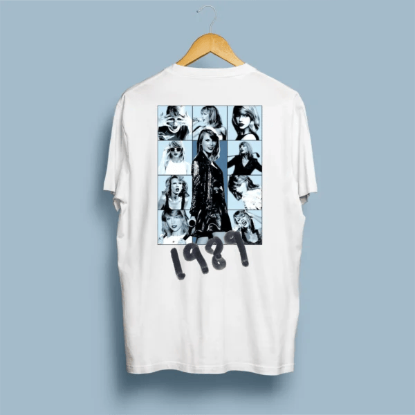Costas de t-shirt branca com colagem azul/preto da 1989 Era e tipografia graffiti 1989