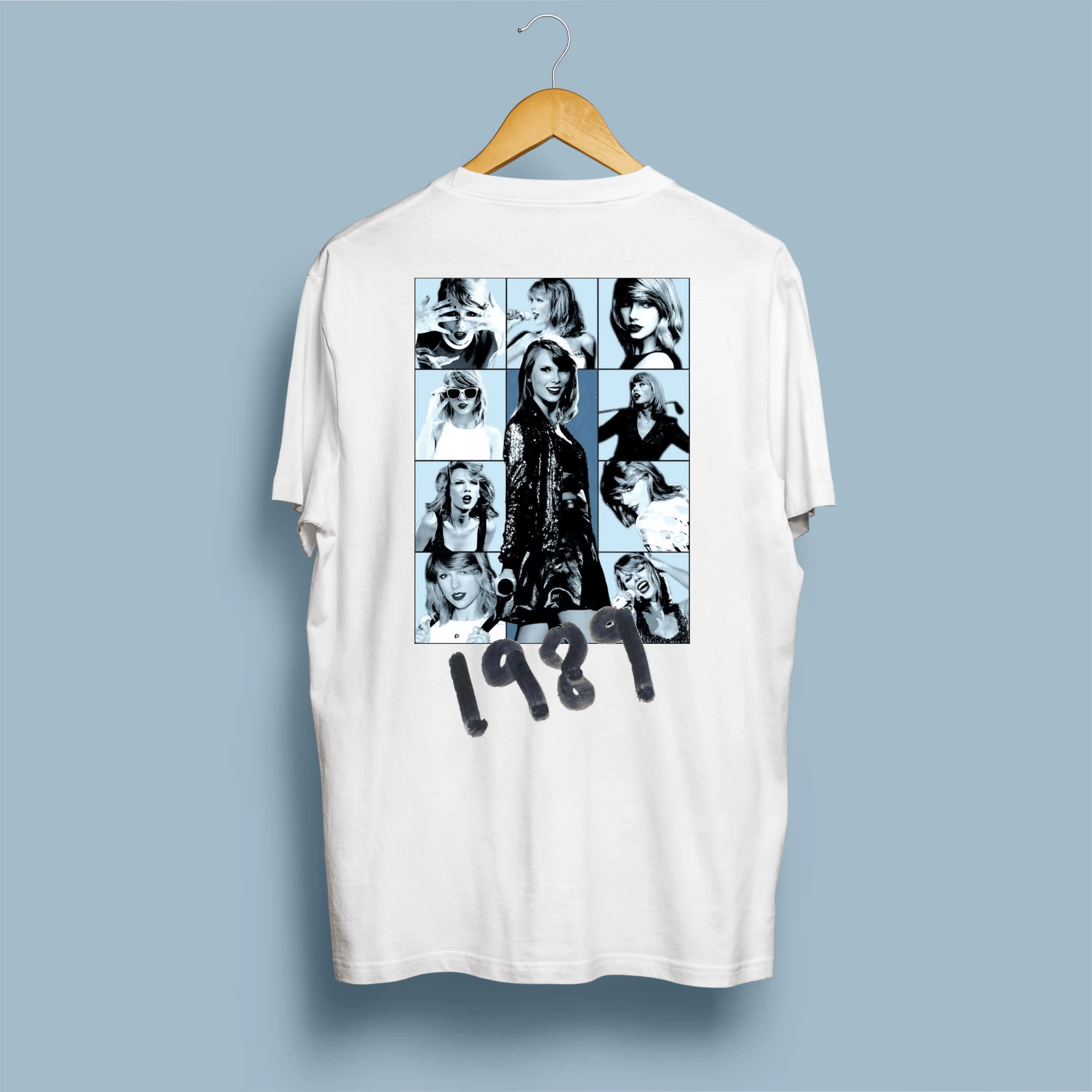 T-Shirt Taylor Swift - 1989 1 Costas de t-shirt branca com colagem azul/preto da 1989 Era e tipografia graffiti 1989