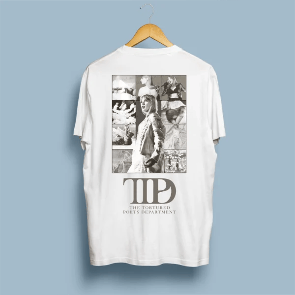 Costas de t-shirt branca com colagem sépia editorial da TTPD Era e logo oficial The Tortured Poets Department