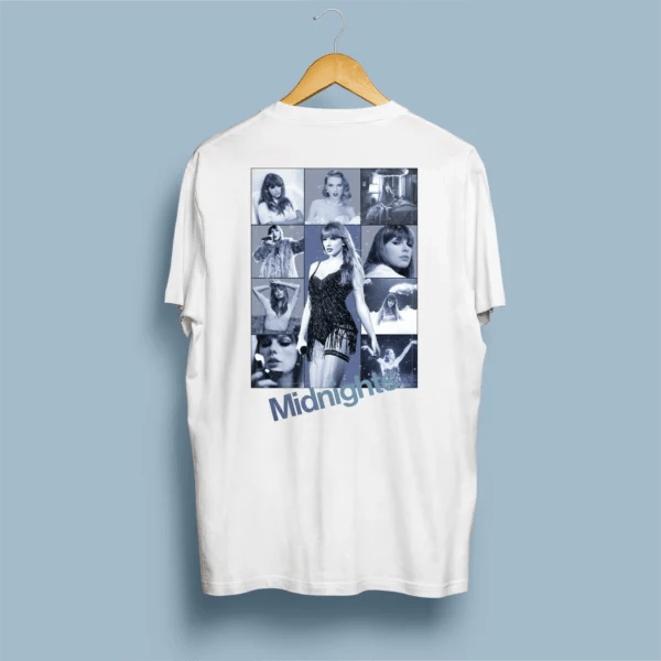 Costas de t-shirt branca com colagem azul aço da Midnights Era e collant preto com franjas icónico
