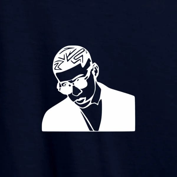 Ilustração de silhueta branca sólida do cantor Bad Bunny com óculos de sol redondos e cabelo curto texturizado, sobre fundo azul escuro.